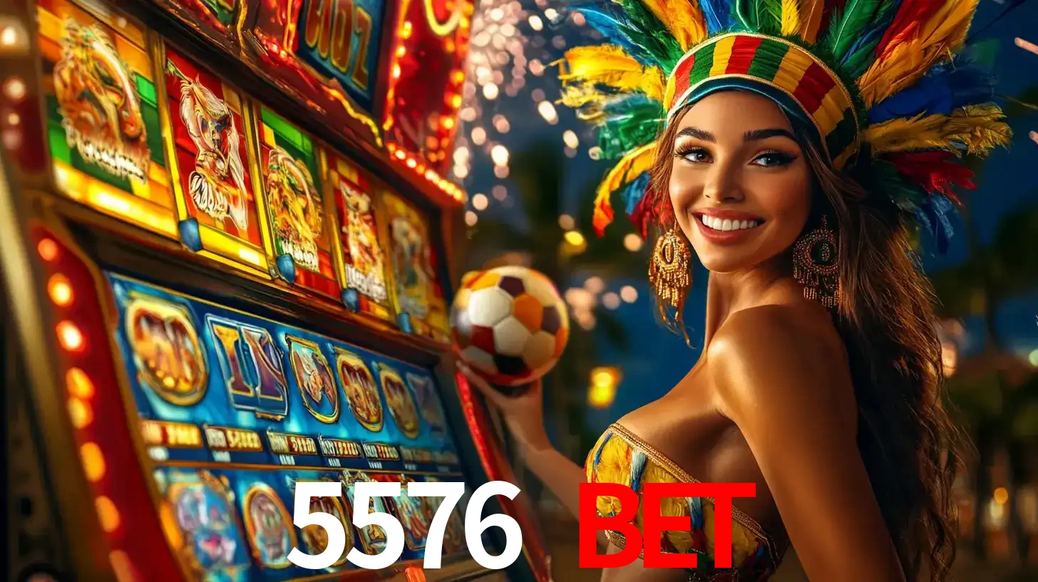 Mulher com um cocar de carnaval ao lado de uma máquina de caça-níqueis enquanto segura uma bola de futebol, mostrando a união da diversão de cassino e esportes no 5576 BET.
