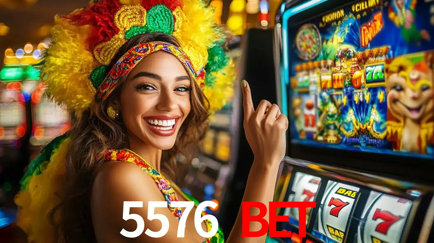 Mulher animada com um cocar de carnaval apontando para uma máquina de caça-níqueis, mostrando a emoção de ganhar um grande prêmio nos jogos do 5576 BET.