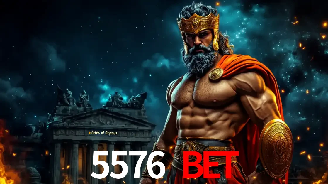 O poderoso Zeus do jogo de slot Gates of Olympus em frente ao seu templo, pronto para lançar multiplicadores divinos e prêmios épicos no cassino online 5576 BET.