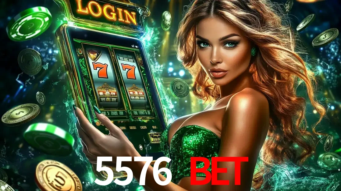 Mulher com tema verde apresentando o aplicativo do cassino 5576 BET com um jogo de slot de 777, cercada por fichas de cassino e uma aura de sorte.