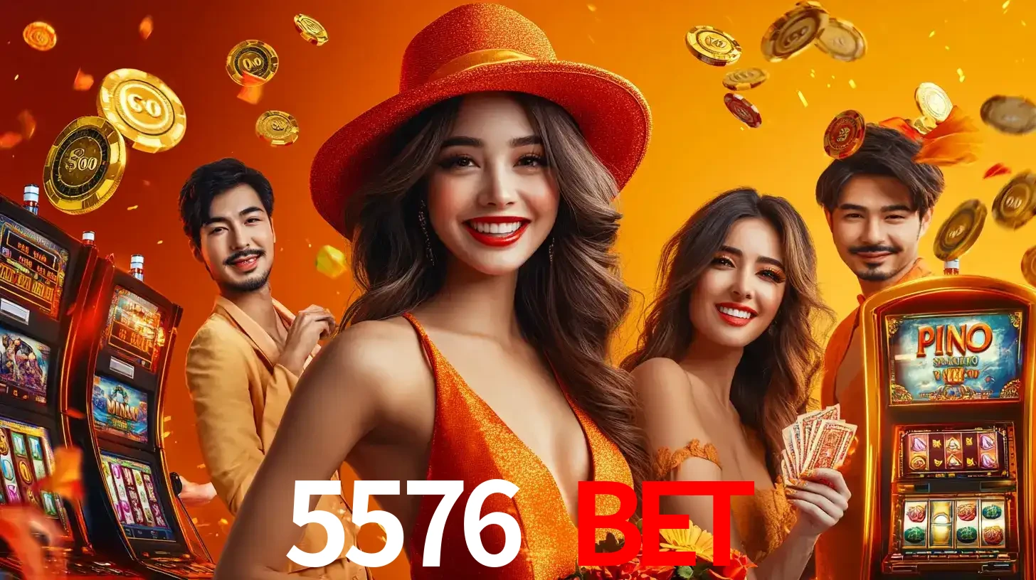 Grupo de amigos asiáticos sorrindo e se divertindo com máquinas de caça-níqueis em um ambiente festivo, celebrando suas vitórias nos jogos de cassino do 5576 BET.