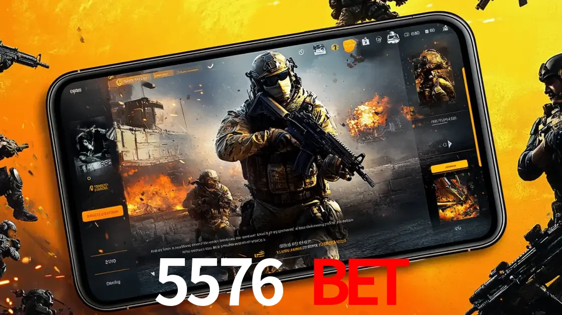 Um smartphone exibindo a interface de um jogo de tiro em primeira pessoa, com um soldado em um cenário de batalha, representando a ação dos e-sports para apostar no 5576 BET.