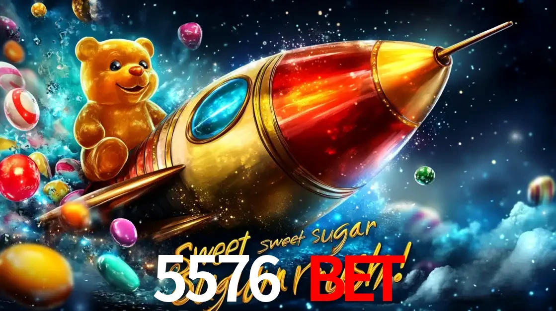 Arte promocional do jogo de slot Sugar Rush, com um urso de pelúcia em um foguete viajando pelo espaço de doces, um dos jogos divertidos disponíveis no cassino 5576 BET.