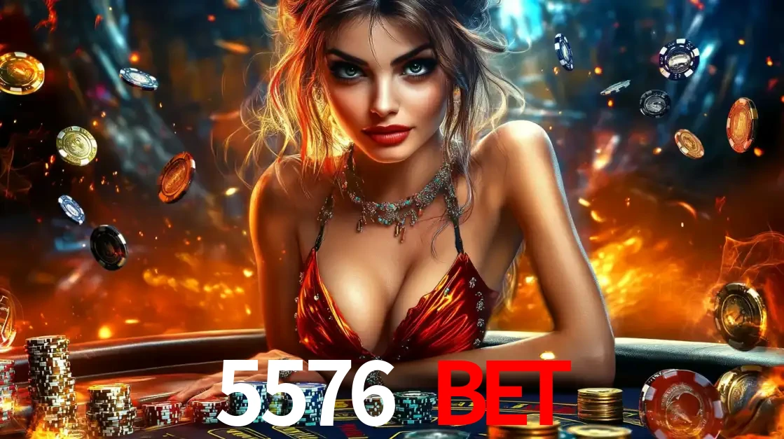 Mulher em uma mesa de cassino com pilhas de fichas e um fundo de fogo, pronta para uma rodada de altas apostas nos jogos de mesa emocionantes do cassino 5576 BET.