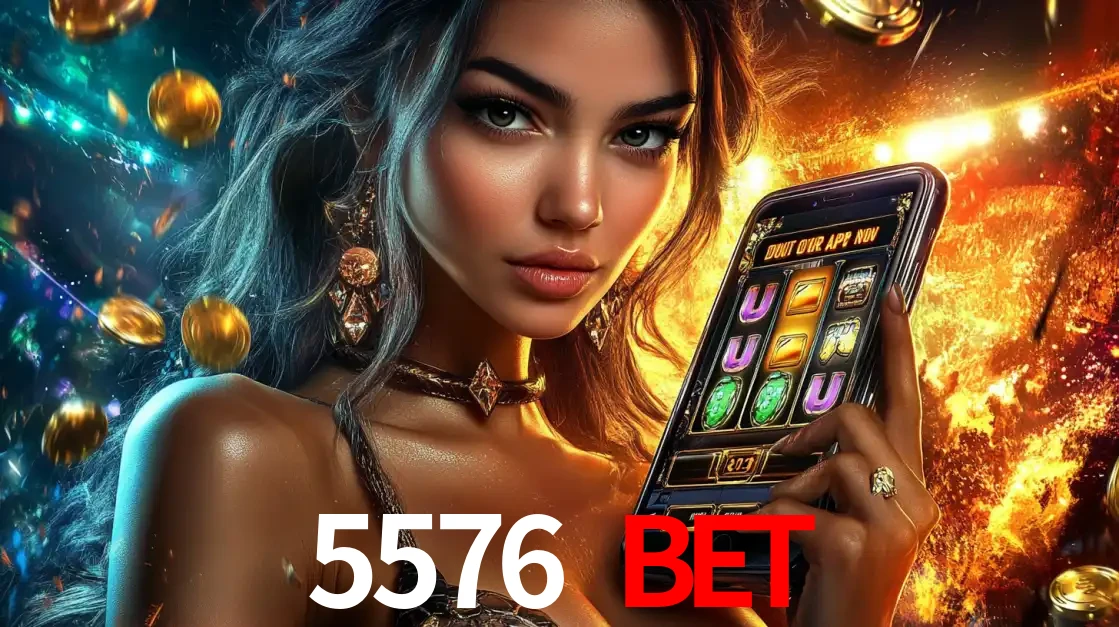 Mulher elegante mostrando um jogo de caça-níqueis em seu smartphone, destacando a experiência de cassino móvel oferecida pelo aplicativo 5576 BET.